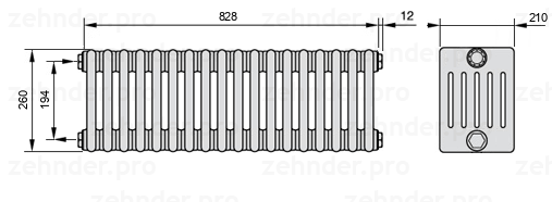 Схема (чертеж) Радиатор Zehnder Charleston 6026/18 №1270 Белый глянцевый RAL 9016